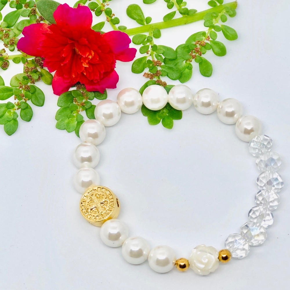 St Benedict Medal Bracelet with White Glass Pearl